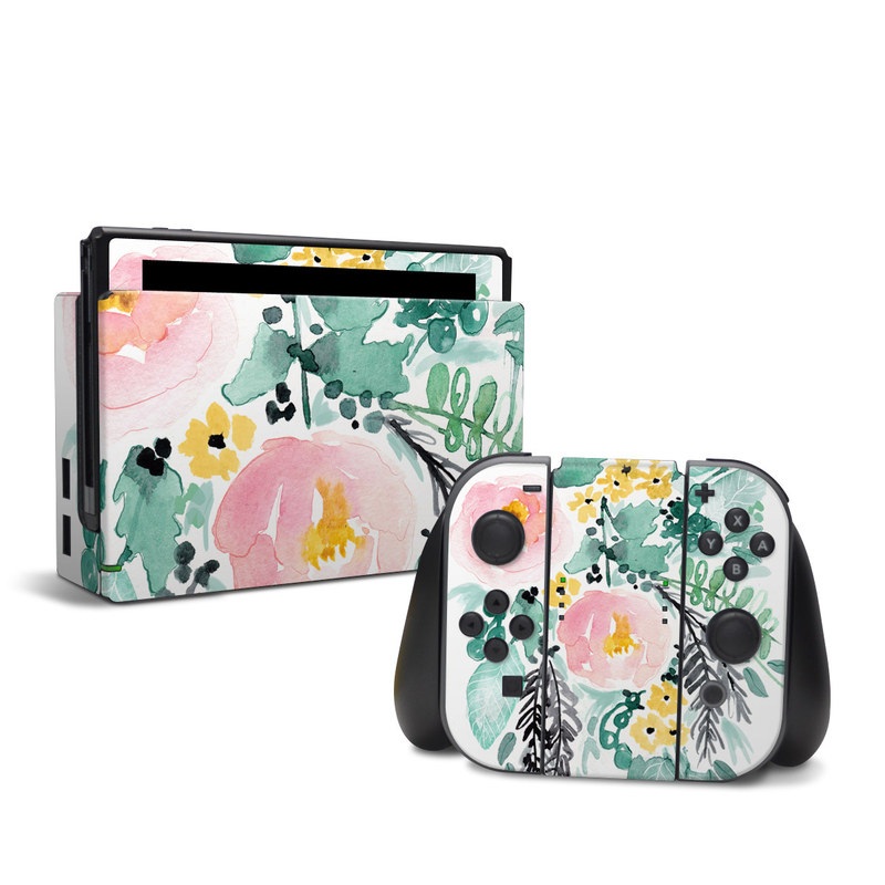 Nintendo Switch Skin design of Branch, Clip art, Watercolor paint, Flower, Leaf, Botany, Plant, Illustration, Design, Graphics with green, pink, red, orange, yellow colors