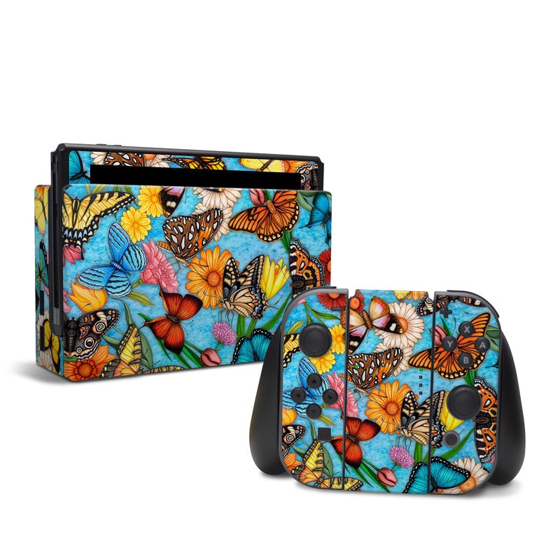 Nintendo Switch Skin design of Cynthia (subgenus), Butterfly, Monarch butterfly, Moths and butterflies, Brush-footed butterfly, Pollinator, Insect, Pattern, Design, Organism with blue, pink, orange, yellow, red colors