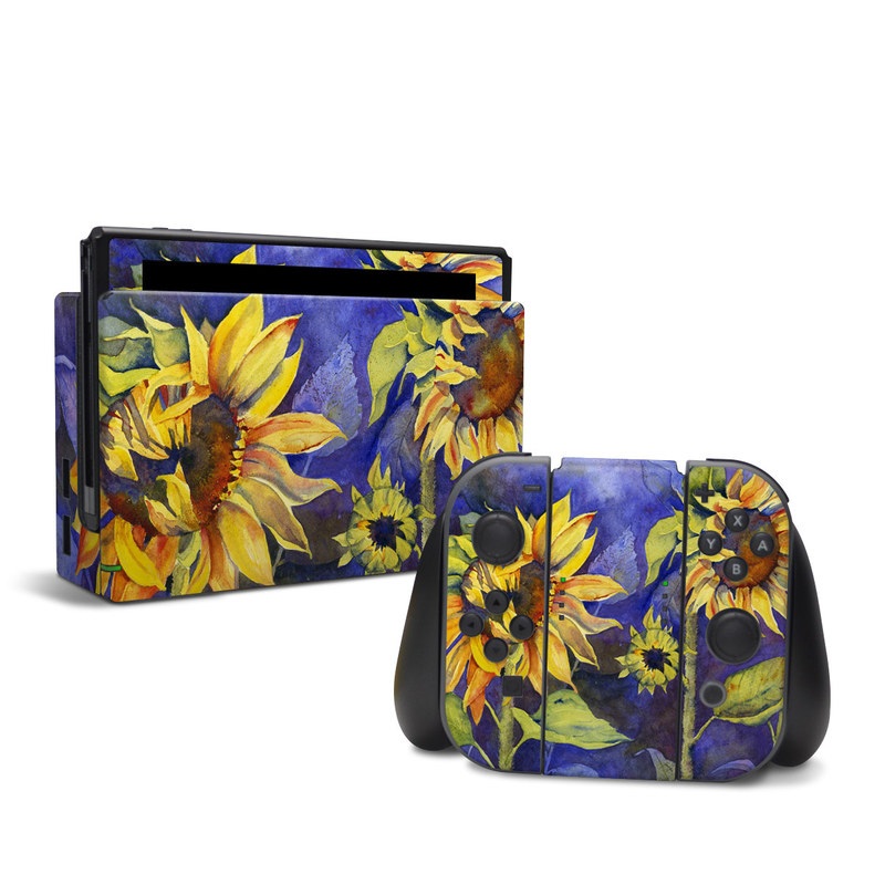 Nintendo Switch Skin design of Flower, Sunflower, Painting, sunflower, Watercolor paint, Plant, Flowering plant, Yellow, Acrylic paint, Still life, with green, black, blue, gray, red, orange colors