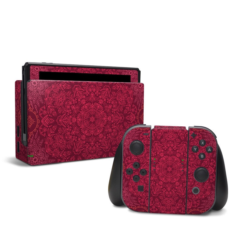 Nintendo Switch Skin design of Red, Pattern, Pink, Magenta, Purple, Maroon, Violet, Textile, Design, Wallpaper with red, black colors