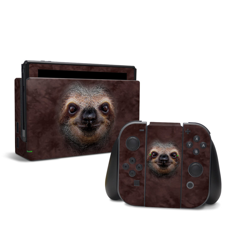Nintendo Switch Skin design of Three-toed sloth, Sloth, Snout, Head, Close-up, Nose, Two-toed sloth, Terrestrial animal, Eye, Whiskers with black, gray, red, green colors