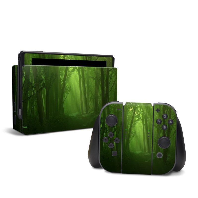 Nintendo Switch Skin design of Nature, Green, Forest, Old-growth forest, Woodland, Natural environment, Vegetation, Tree, Natural landscape, Atmospheric phenomenon, with black, green colors