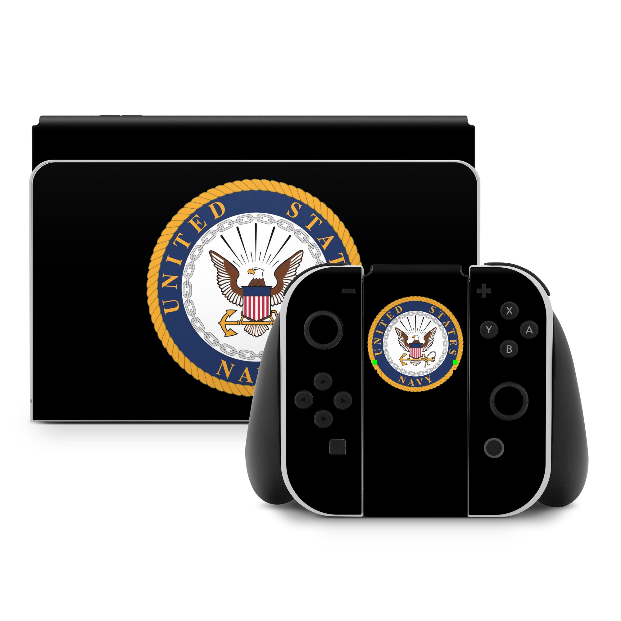 Nintendo Switch Skin design of Emblem, Badge, Symbol, Logo, Crest, Wing, Circle, Illustration, Fashion accessory, Graphics, with black, white, gray, green, orange, red colors