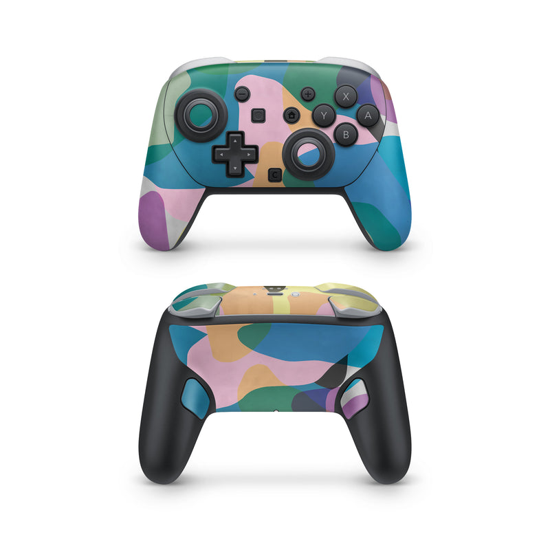 Nintendo Switch 2 Pro Controller Skin design of Azure, Paint, Textile, Organism, Art, Painting, Aqua, Font, Rectangle, Tints and shades, with blue, green, pink, yellow, orange, purple, gray colors