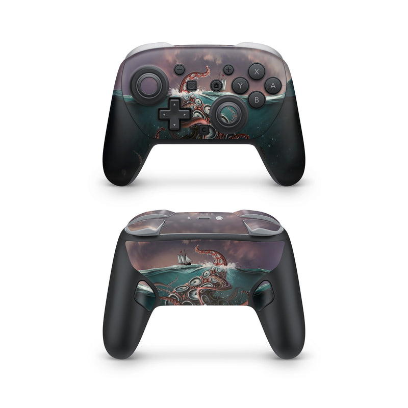 Nintendo Switch 2 Pro Controller Skin design of Octopus, Water, Illustration, Wind wave, Sky, Graphic design, Organism, Cephalopod, Cg artwork, giant pacific octopus, with blue, gray, white, brown, red colors
