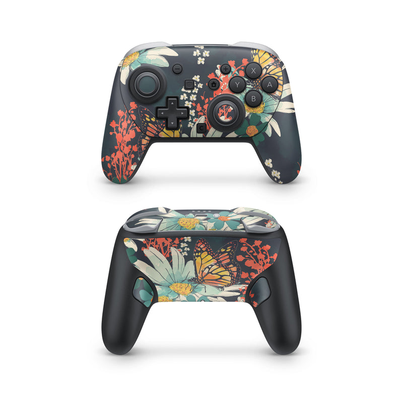 Nintendo Switch 2 Pro Controller Skin design of Floral design, Pattern, Flower, Floristry, Textile, Botany, Plant, Visual arts, Design, Flower Arranging, with black, gray, green, red, blue, pink colors