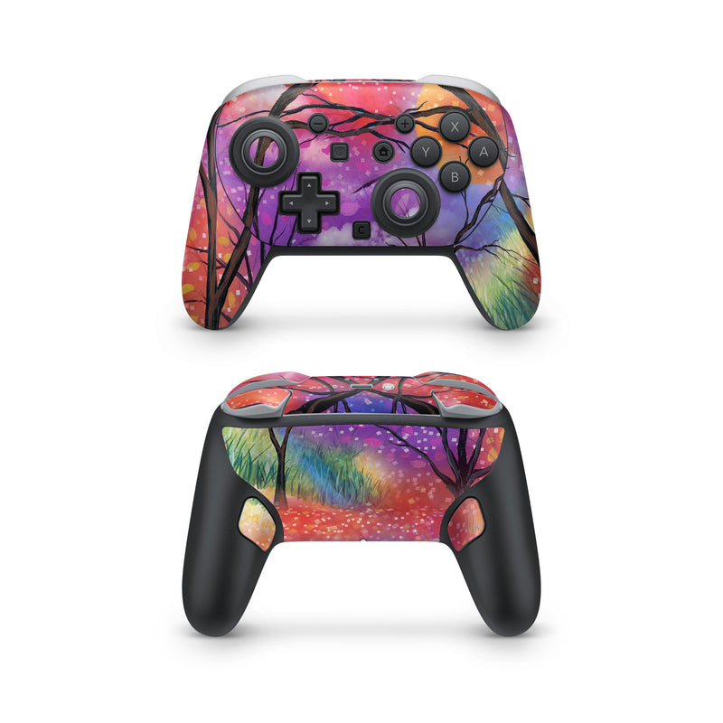 Nintendo Switch 2 Pro Controller Skin design of Nature, Tree, Natural landscape, Painting, Watercolor paint, Branch, Acrylic paint, Purple, Modern art, Leaf, with red, purple, black, gray, green, blue colors
