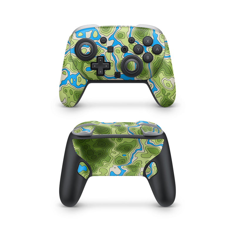 Nintendo Switch 2 Pro Controller Skin design of Sky, Plant, Mountain, Natural landscape, Branch, Larch, Tree, Highland, Atmospheric phenomenon, Evergreen, with white, blue, yellow, gray, black, green colors