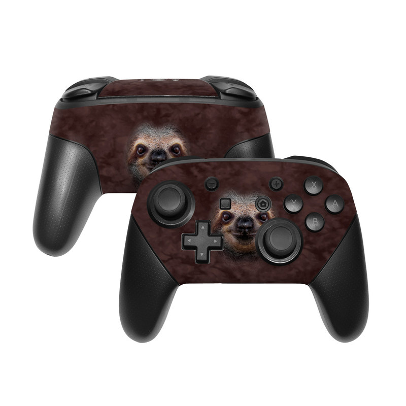 Nintendo Switch Pro Controller Skin design of Three-toed sloth, Sloth, Snout, Head, Close-up, Nose, Two-toed sloth, Terrestrial animal, Eye, Whiskers with black, gray, red, green colors
