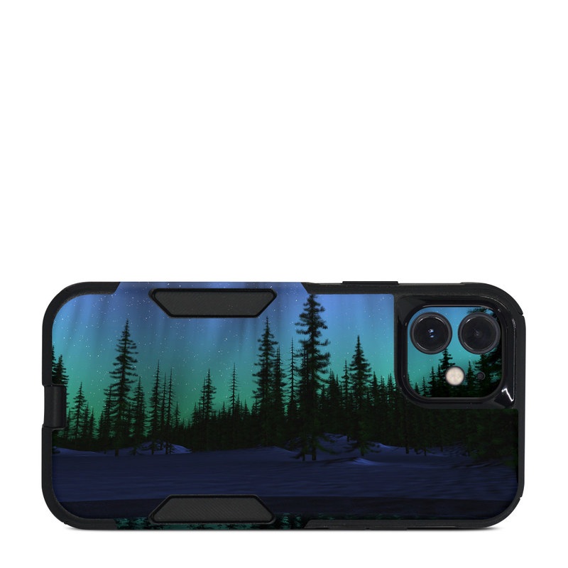 OtterBox Commuter iPhone 12 Case Skin design of Aurora, Nature, Sky, shortleaf black spruce, Natural landscape, Tree, Wilderness, Natural environment, Biome, Spruce-fir forest, with blue, purple, green, black colors