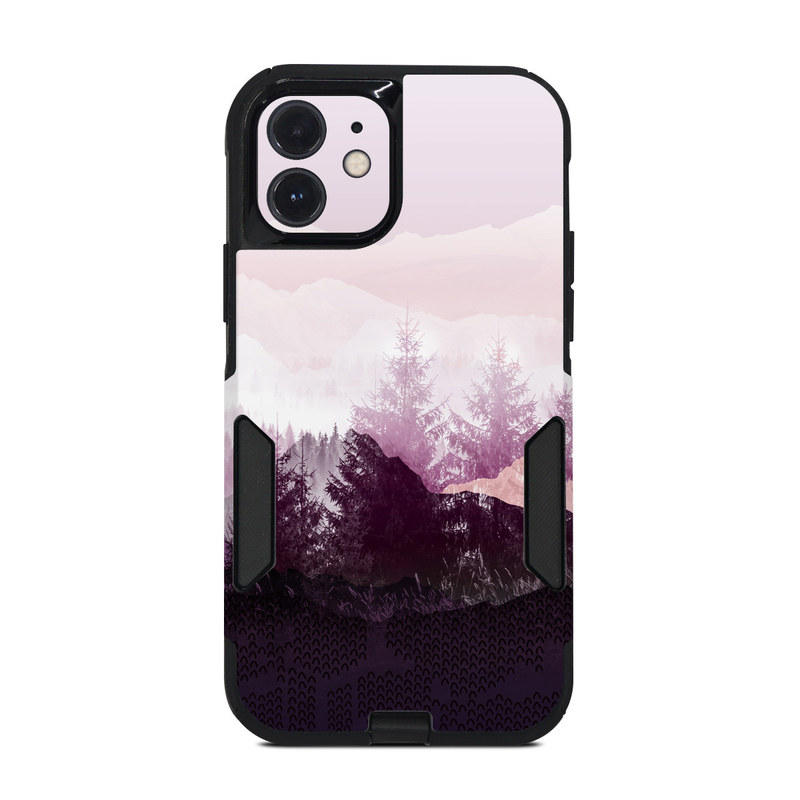 OtterBox Commuter iPhone 12 Case Skin design of Sky, Purple, Atmospheric phenomenon, Pink, Natural landscape, Violet, Mountain, Tree, Morning, Mountain range, with white, purple, black, pink colors