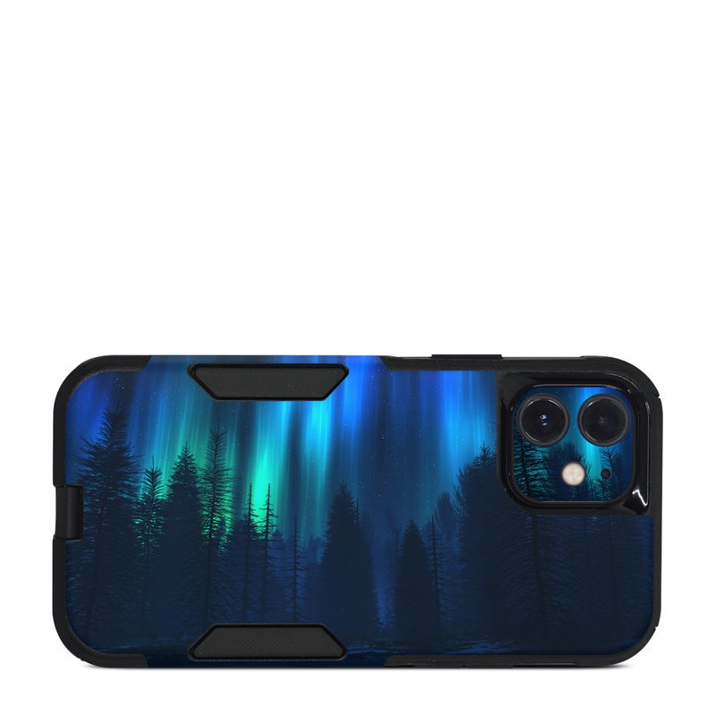 OtterBox Commuter iPhone 12 Case Skin design of Blue, Light, Natural environment, Tree, Sky, Forest, Darkness, Aurora, Night, Electric blue, with black, blue colors
