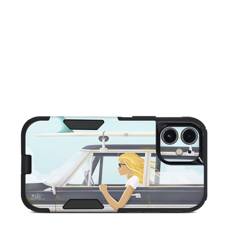 OtterBox Commuter iPhone 12 mini Case Skin design of Vehicle door, Vehicle, Automotive exterior, Automotive design, Car, Headgear, Windshield, Dress, Automotive window part, Family car, with blue, white, gray, yellow colors