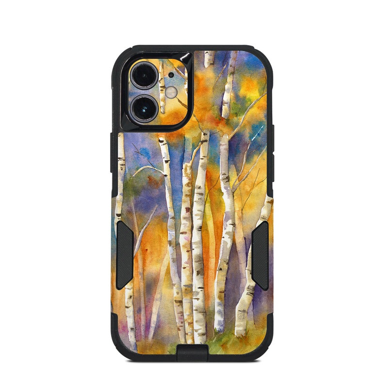 OtterBox Commuter iPhone 12 mini Case Skin design of Canoe birch, Watercolor paint, Tree, Birch, Woody plant, Painting, Plant, Birch family, Paint, Trunk, with orange, yellow, green, white, purple, blue colors