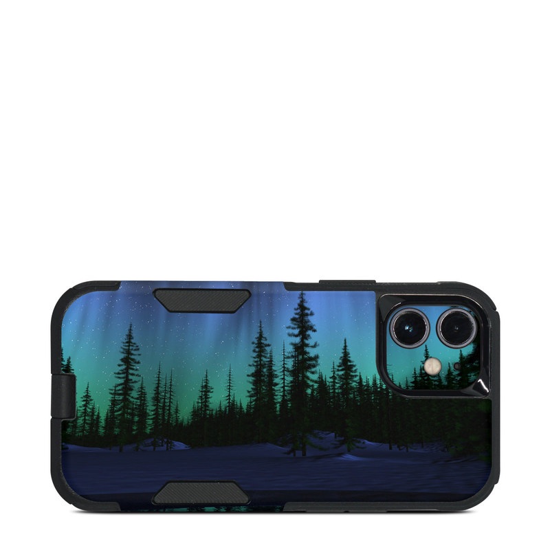 OtterBox Commuter iPhone 12 mini Case Skin design of Aurora, Nature, Sky, shortleaf black spruce, Natural landscape, Tree, Wilderness, Natural environment, Biome, Spruce-fir forest, with blue, purple, green, black colors