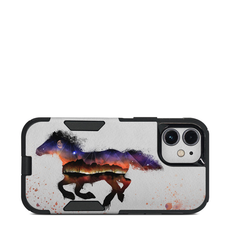OtterBox Commuter iPhone 12 mini Case Skin design of Watercolor paint, Illustration, Art, Horse, Paint, Drawing, Graphic design, Painting, Visual arts, Mustang horse, with gray, white, purple, red, yellow, black, orange colors
