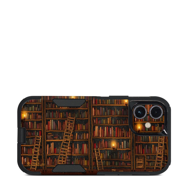 OtterBox Commuter iPhone 12 mini Case Skin design of Shelving, Library, Bookcase, Shelf, Furniture, Book, Building, Publication, Room, Darkness, with black, red colors