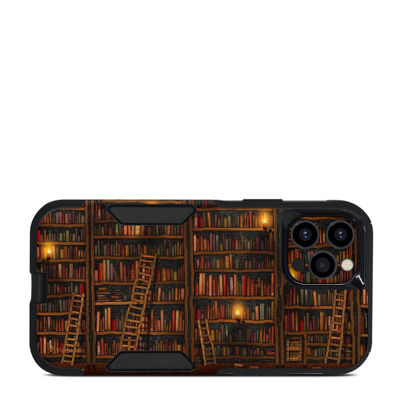 OtterBox Commuter iPhone 12 Pro Case Skin design of Shelving, Library, Bookcase, Shelf, Furniture, Book, Building, Publication, Room, Darkness, with black, red colors