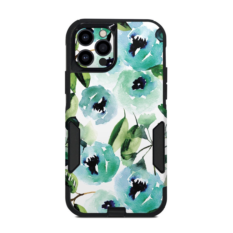 OtterBox Commuter iPhone 12 Pro Case Skin design of Green, Pattern, Leaf, Aqua, Plant, Design, Branch, Organism, Flower, Ivy, with white, green, blue, black colors