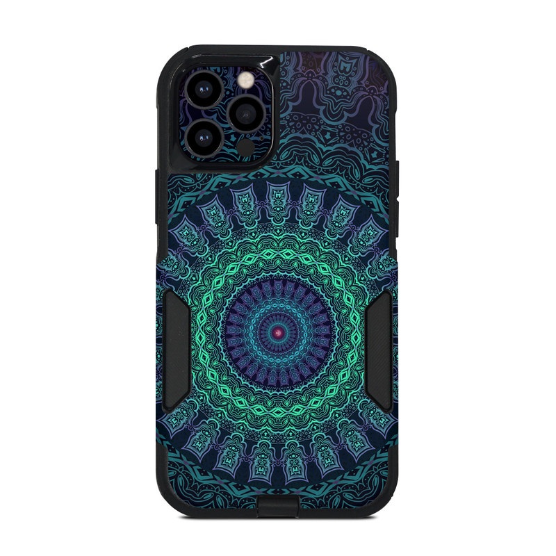 OtterBox Commuter iPhone 12 Pro Case Skin design of Colorfulness, Blue, Green, Pattern, Teal, Turquoise, Art, Electric Blue, Aqua, Circle, Majorelle Blue, Visual Arts, Fractal Art, Design, Symmetry, Psychedelic Art, Graphics, Kaleidoscope, Motif with black, green, red colors