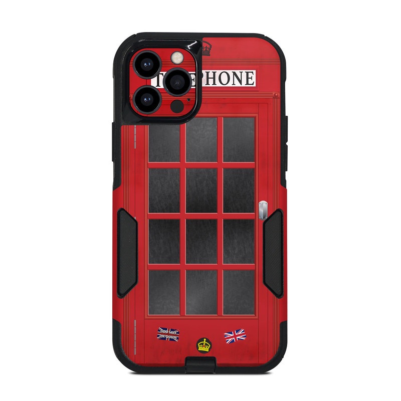 OtterBox Commuter iPhone 12 Pro Case Skin design of Red, Font, Building, Telephone Booth, Facade, with red, black, gray, white, blue, yellow colors