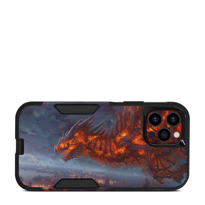 OtterBox Commuter iPhone 12 Pro Case Skin design of Geological phenomenon, Dragon, Cg artwork, Sky, Flame, Fictional character, Mythology, Lava, Demon, Heat, with red, blue, black colors