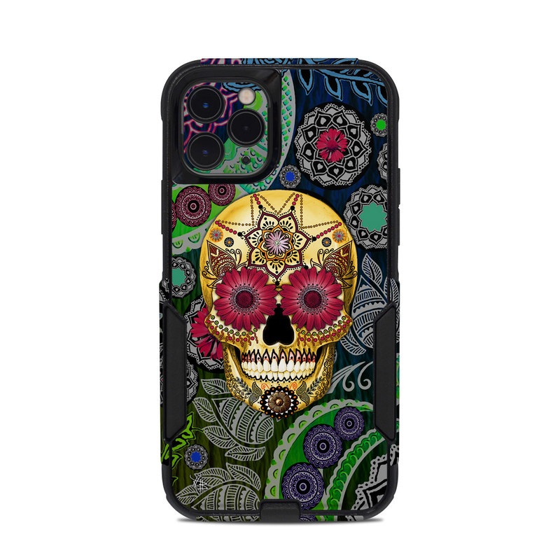 OtterBox Commuter iPhone 11 Pro Case Skin design of Skull, Bone, Pattern, Psychedelic art, Visual arts, Design, Illustration, Art, Textile, Plant, with black, red, gray, green, blue colors