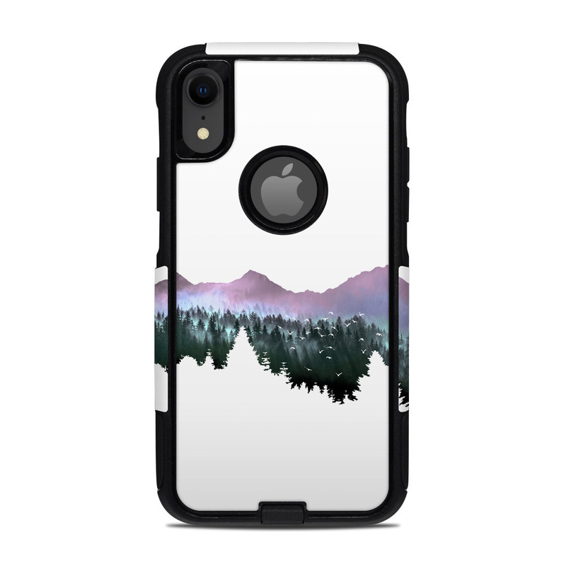 OtterBox Commuter iPhone XR Case Skin design of Nature, Mountainous landforms, Mountain, Atmospheric phenomenon, Tree, Wilderness, Sky, Mountain range, Forest, Hill, with white, black, purple, blue, green colors