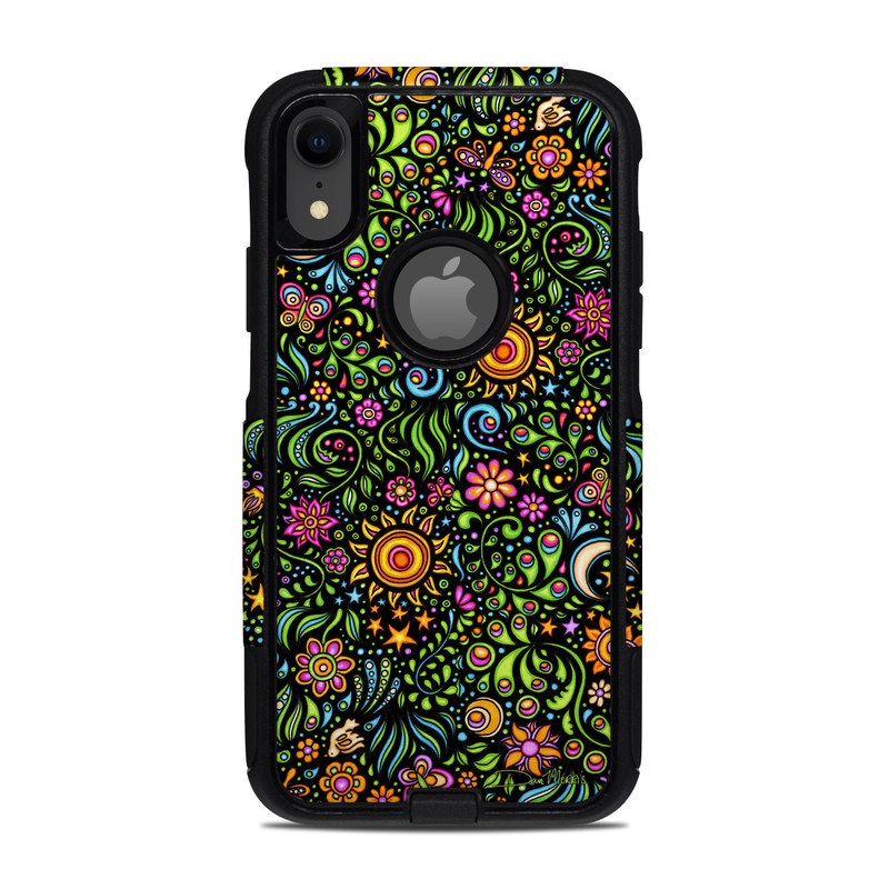 OtterBox Commuter iPhone XR Case Skin design of Pattern, Psychedelic art, Visual arts, Art, Design, Motif, Organism, Circle, Textile, Plant, with black, red, green, blue, purple colors