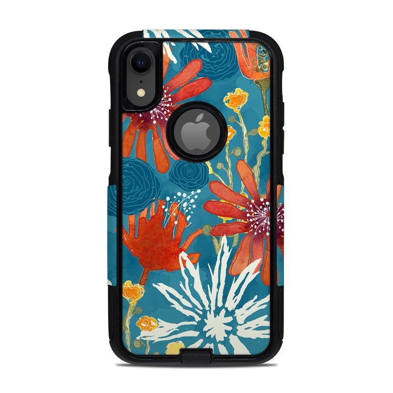 OtterBox Commuter iPhone XR Case Skin design of Pattern, Visual arts, Wrapping paper, Design, Wildflower, Floral design, Textile, Flower, Plant, Motif, with blue, red, gray, yellow, green colors