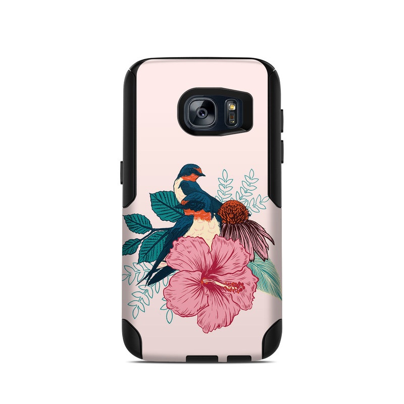 OtterBox Commuter Galaxy S7 Case Skin design of Bird, Hawaiian hibiscus, Hibiscus, Illustration, Chinese hibiscus, Botany, Flower, Plant, Malvales, Mallow family, with blue, pink, green, yellow, red colors
