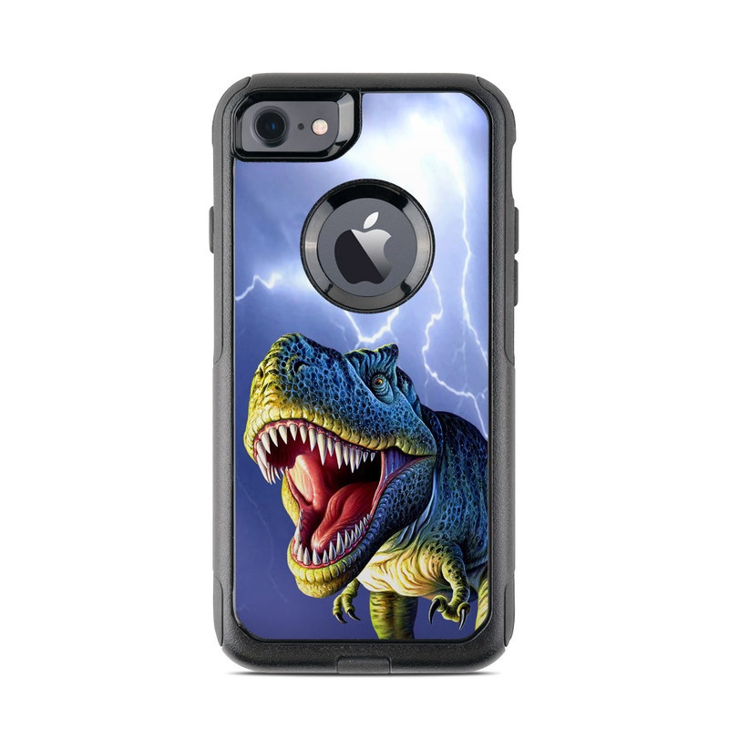 OtterBox Commuter iPhone 8 Case Skin design of Dinosaur, Extinction, Tyrannosaurus, Velociraptor, Tooth, Jaw, Organism, Mouth, Fictional character, Art, with blue, green, yellow, orange, red colors