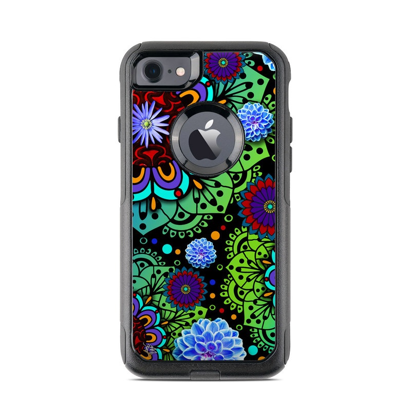 OtterBox Commuter iPhone 8 Case Skin design of Pattern, Psychedelic art, Design, Flower, Art, Visual arts, Floral design, Plant, Textile, Symmetry, with black, blue, green, purple colors