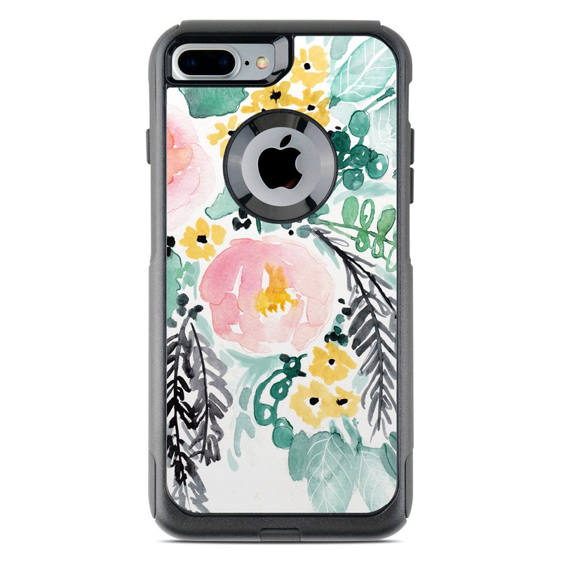 OtterBox Commuter iPhone 8 Plus Case Skin design of Branch, Clip art, Watercolor paint, Flower, Leaf, Botany, Plant, Illustration, Design, Graphics, with green, pink, red, orange, yellow colors