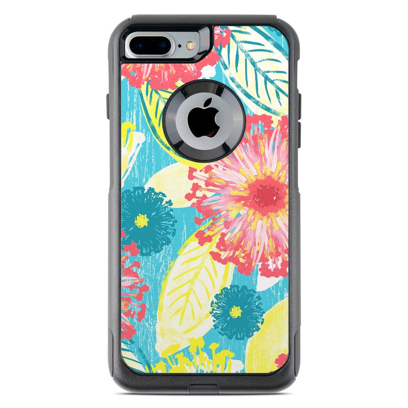 OtterBox Commuter iPhone 8 Plus Case Skin design of Pattern, Design, Flower, Floral design, Plant, Textile, Wrapping paper, Wildflower, Visual arts, with pink, gray, blue, yellow colors