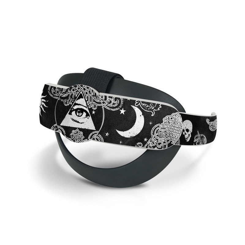 Oculus Quest 2 Elite Strap Skin design of Text, Font, Pattern, Design, Illustration, Headpiece, Tiara, Black-and-white, Calligraphy, Hair accessory, with black, white, gray colors