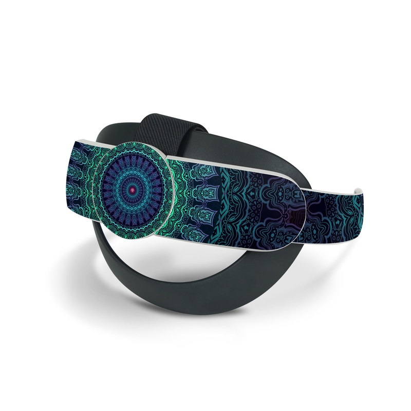 Oculus Quest 2 Elite Strap Skin design of Colorfulness, Blue, Green, Pattern, Teal, Turquoise, Art, Electric Blue, Aqua, Circle, Majorelle Blue, Visual Arts, Fractal Art, Design, Symmetry, Psychedelic Art, Graphics, Kaleidoscope, Motif with black, green, red colors