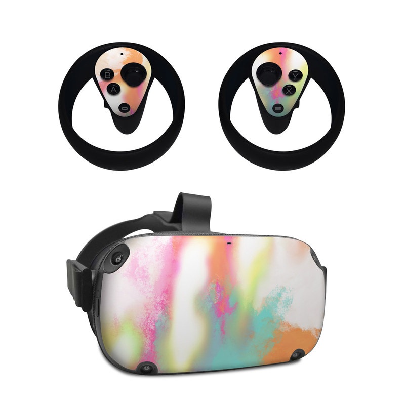 Oculus Quest Skin design of Sky, Yellow, Orange, Pink, Art, Illustration, Visual Arts, Pattern, Colorfulness, Watercolor Paint, with white, pink, orange, yellow, blue, brown colors