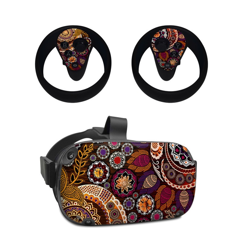 Oculus Quest Skin design of Pattern, Motif, Visual arts, Design, Art, Floral design, Textile, Paisley, Tapestry, Circle, with brown, purple, red, white, black colors