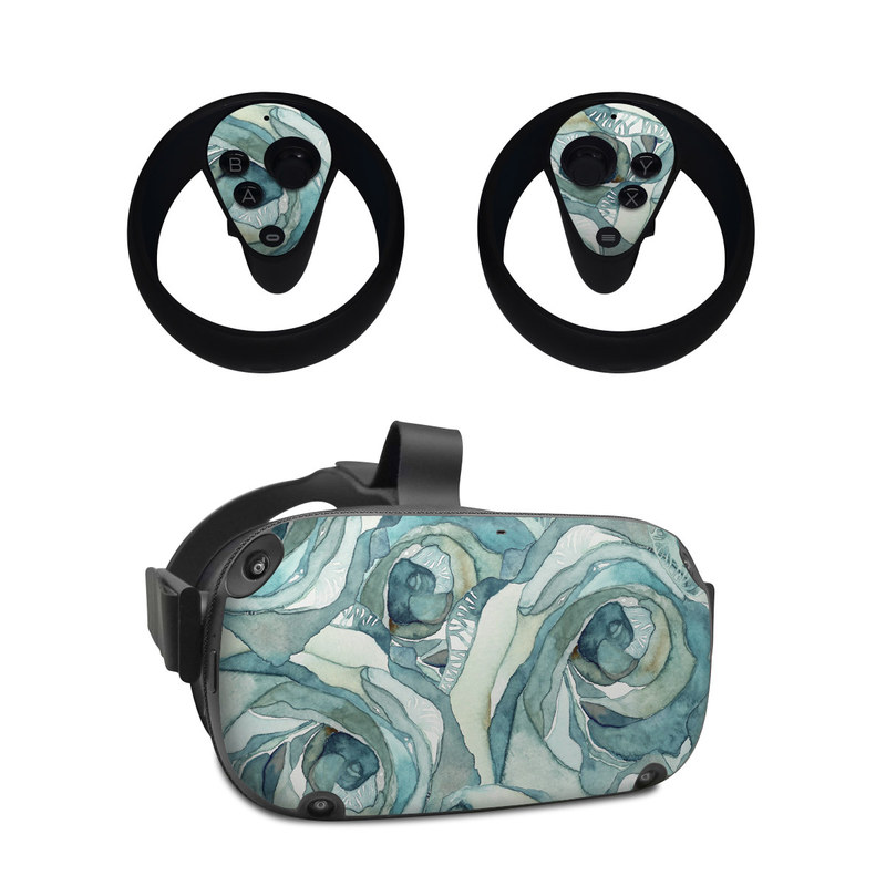 Oculus Quest Skin design of Rose, Garden roses, Blue, Flower, Rose family, Watercolor paint, Plant, Pattern, Rosa × centifolia, Blue rose, with blue, green colors