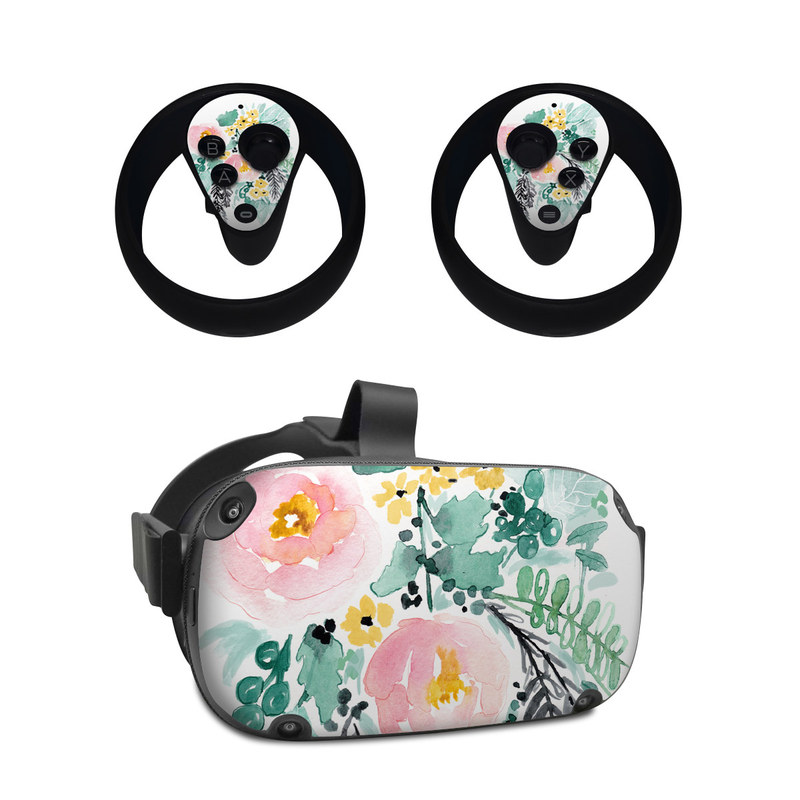 Oculus Quest Skin design of Branch, Clip art, Watercolor paint, Flower, Leaf, Botany, Plant, Illustration, Design, Graphics, with green, pink, red, orange, yellow colors