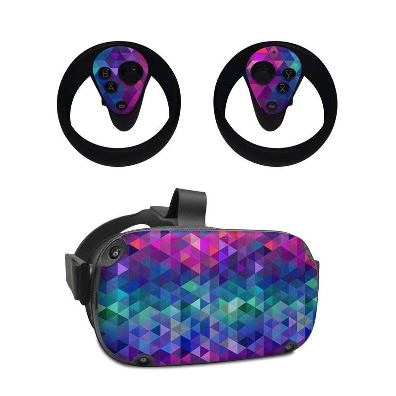 Oculus Quest Skin design of Purple, Violet, Pattern, Blue, Magenta, Triangle, Line, Design, Graphic design, Symmetry, with blue, purple, green, red, pink colors