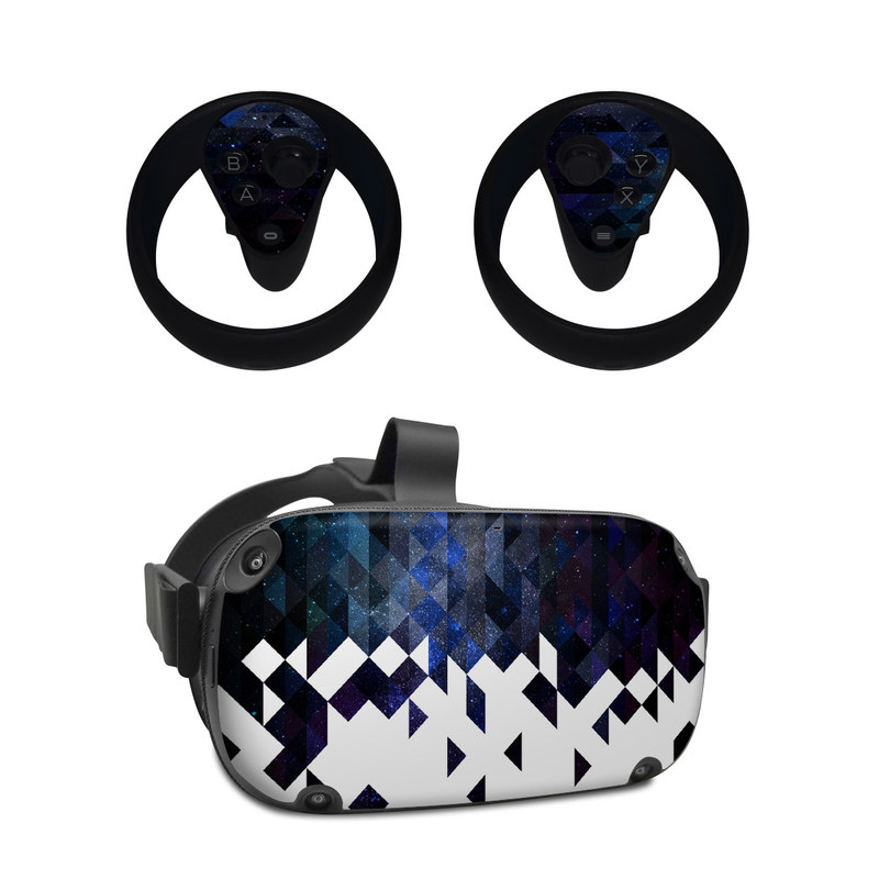 Oculus Quest Skin design of Text, Pattern, Graphic design, Font, Purple, Design, Line, Triangle, Logo, Graphics, with black, blue, white colors