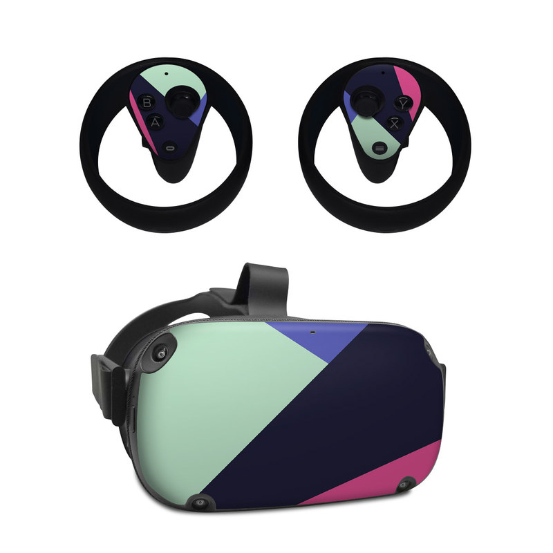 Oculus Quest Skin design of Purple, Violet, Line, Magenta, Graphic design, Triangle, Pattern, Design, Material property, Font, with black, blue, green, pink colors