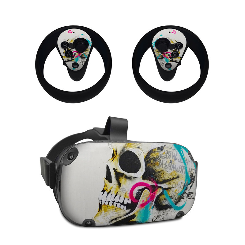 Oculus Quest Skin design of Graphic design, Skull, Illustration, Art, Bone, Drawing, Visual arts, Font, Modern art, Street art, with blue, pink, yellow, black colors