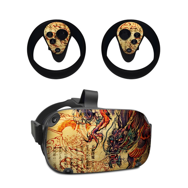 Oculus Quest Skin design of Illustration, Fictional character, Art, Demon, Drawing, Visual arts, Dragon, Supernatural creature, Mythical creature, Mythology, with black, green, red, gray, pink, orange colors