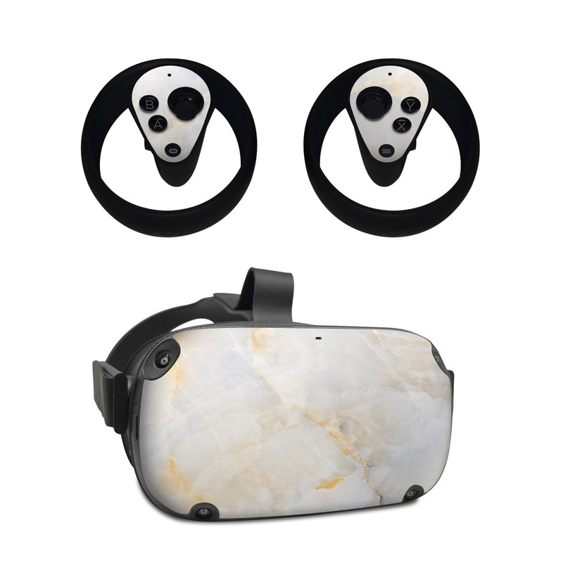 Oculus Quest Skin design of White, Textile, Flooring, Marble, Paper, Pattern, Fashion accessory, Tile, with white, orange, black, yellow colors