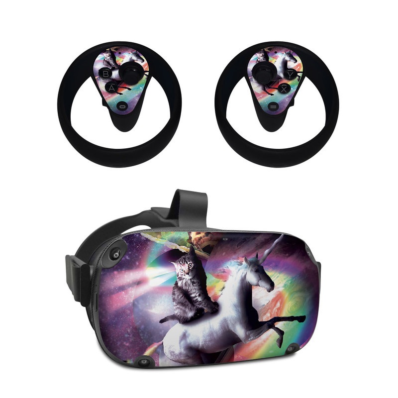 Oculus Quest Skin design of Illustration, Graphic design, Fictional character, Space, Sky, Astronomical object, Universe, Outer space, Art, Unicorn, with black, white, gray, red, yellow, green, blue, orange colors