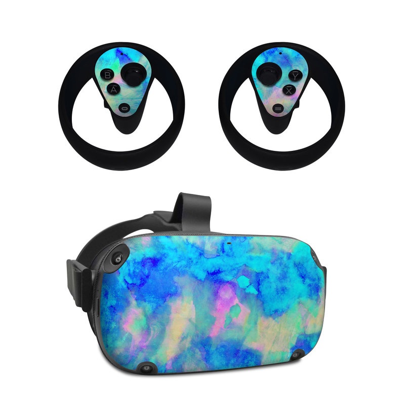 Oculus Quest Skin design of Blue, Turquoise, Aqua, Pattern, Dye, Design, Sky, Electric blue, Art, Watercolor paint, with blue, purple colors