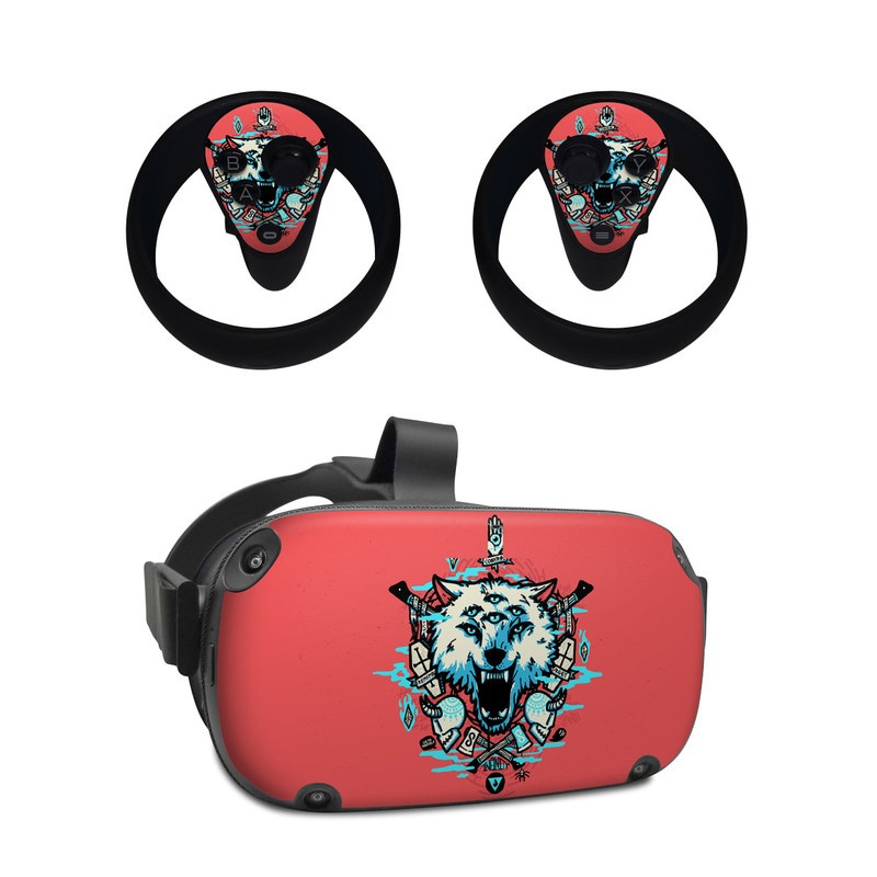 Oculus Quest Skin design of Graphic design, Illustration, Crest, Logo, T-shirt, Symbol, Font, Graphics, Emblem, Pattern, with red, blue, black, gray colors